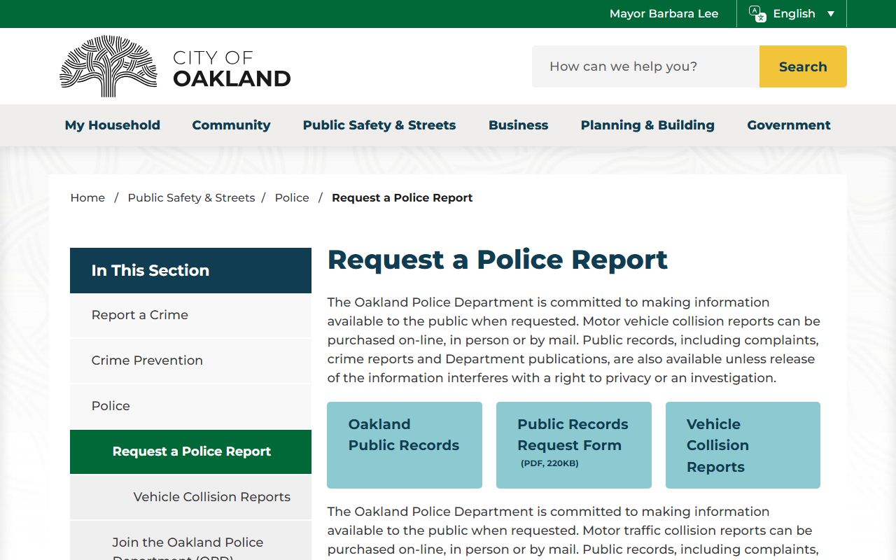 Oakland Police Department records division for warrant checks