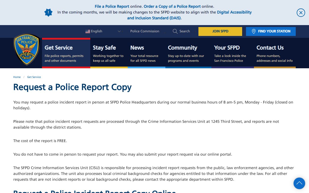 San Francisco Police Department records request page showing how to obtain police reports