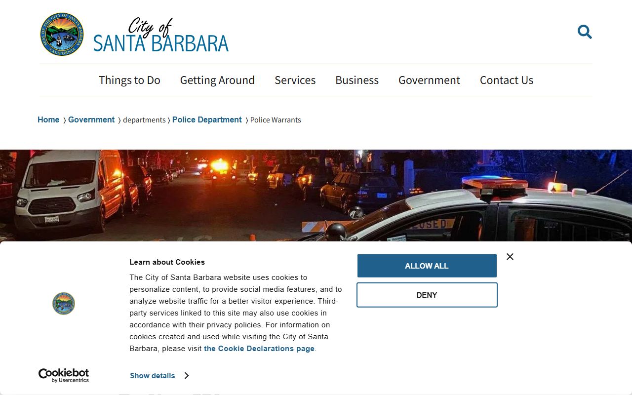 Santa Barbara Police Department warrant information page showing self-surrender options