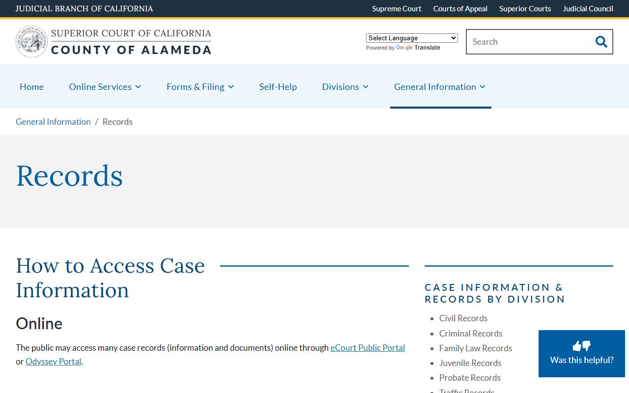 Alameda County court records portal information
