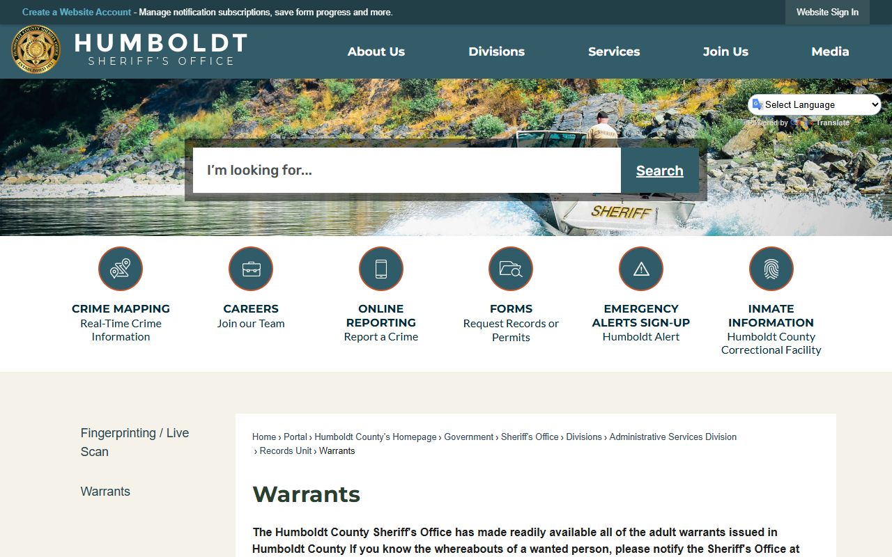 Humboldt County Sheriff online warrant list website