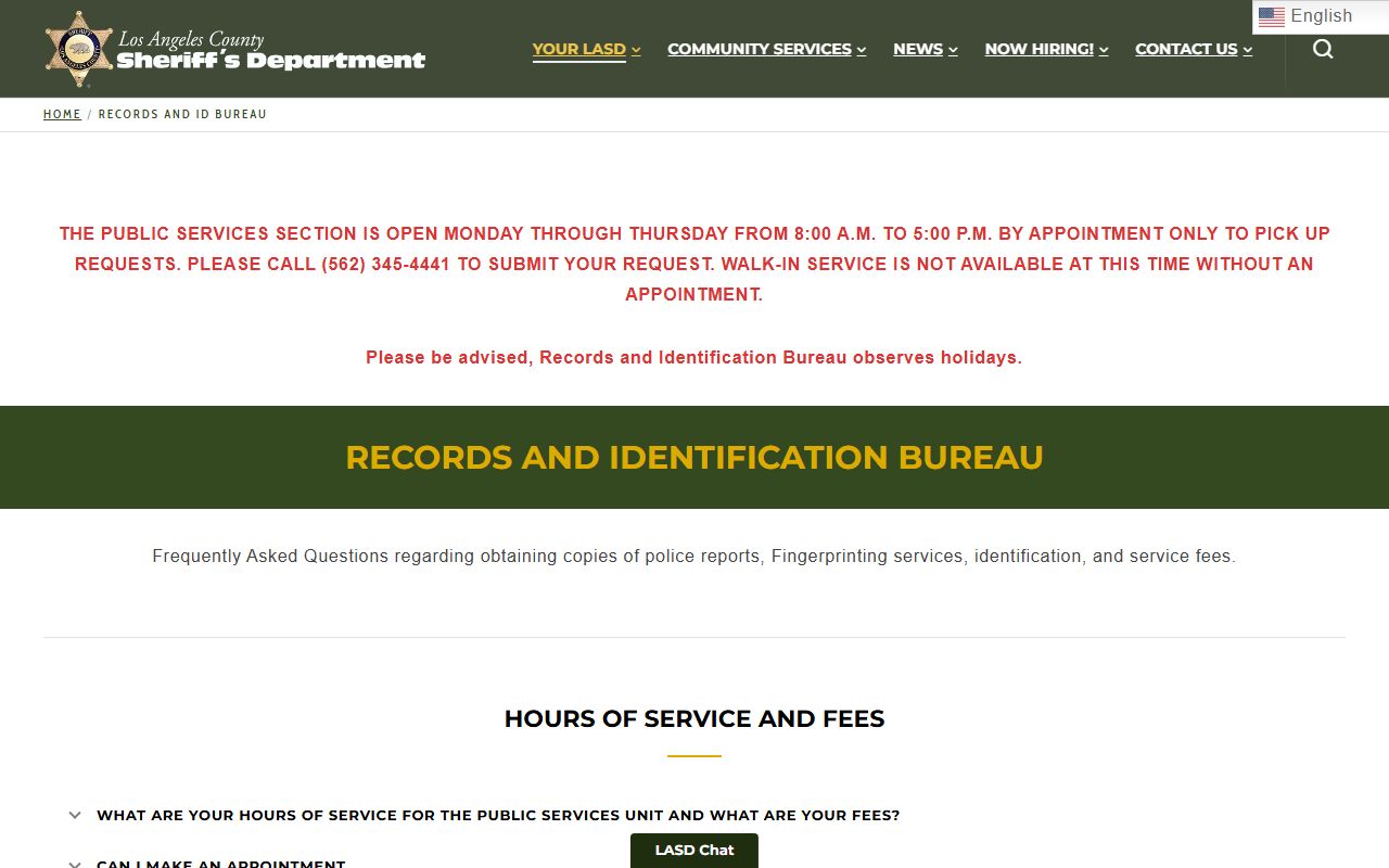 Los Angeles County Sheriff's Department records FAQ page for warrant searches
