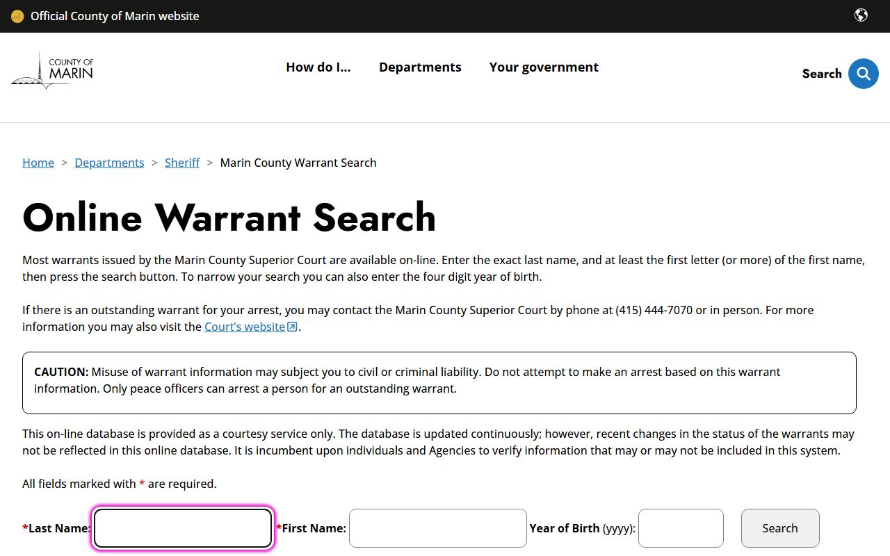Marin County online warrant search portal