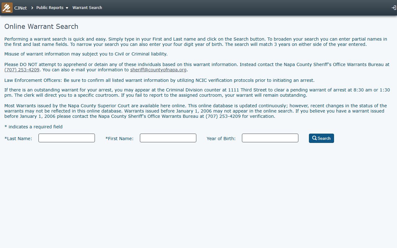 Napa County online warrant search portal