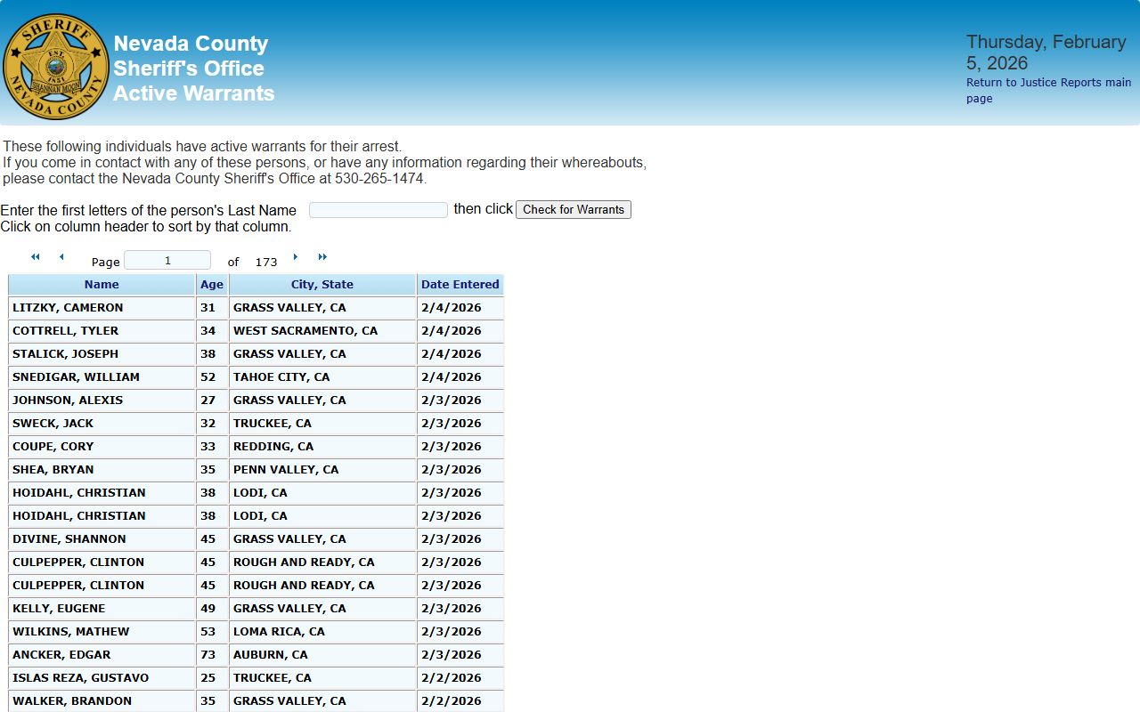 Nevada County active warrants database