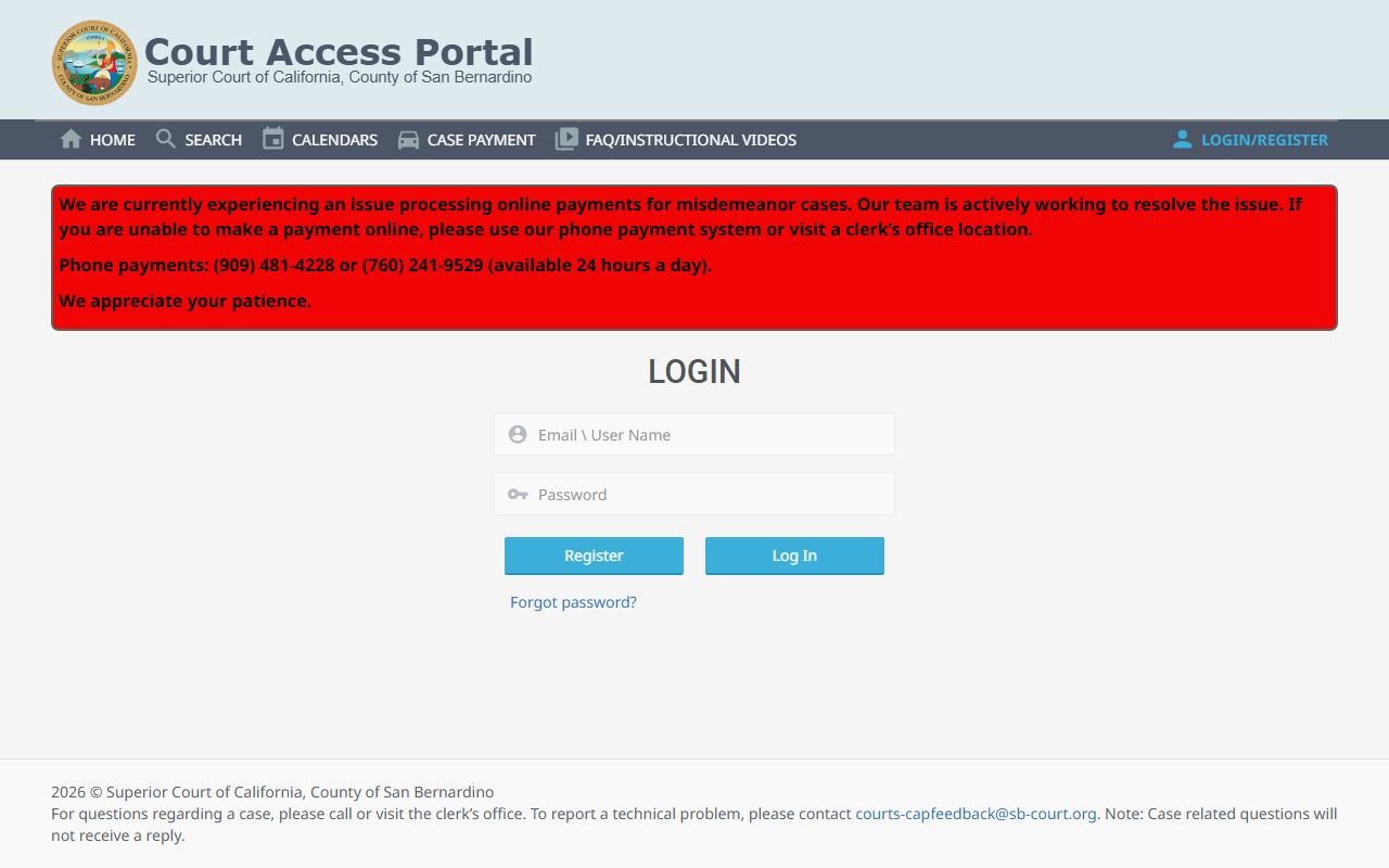San Bernardino County court case access portal