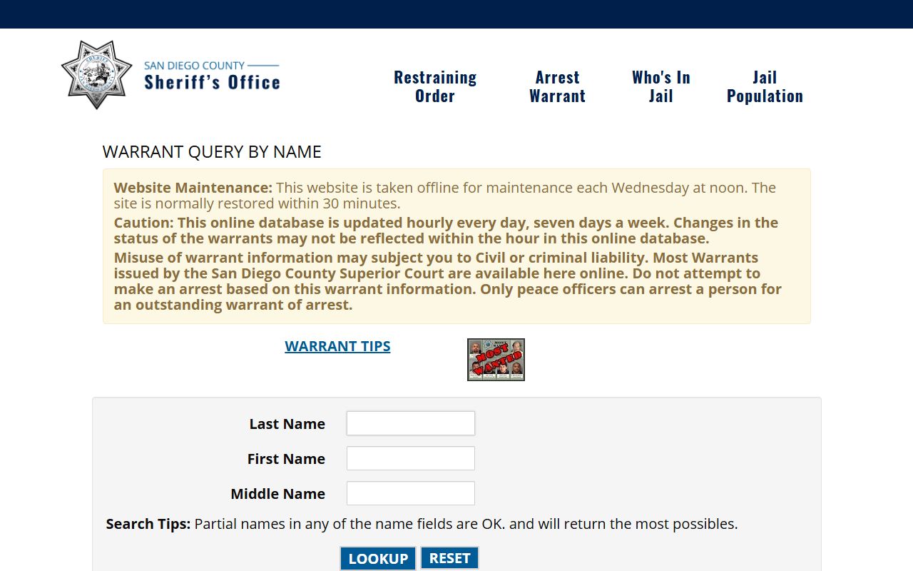 San Diego County online warrant search portal