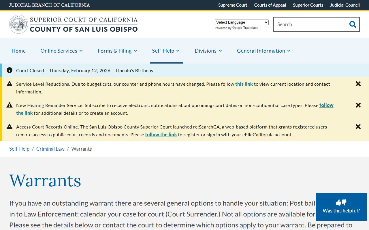 San Luis Obispo County Superior Court warrants self-help page