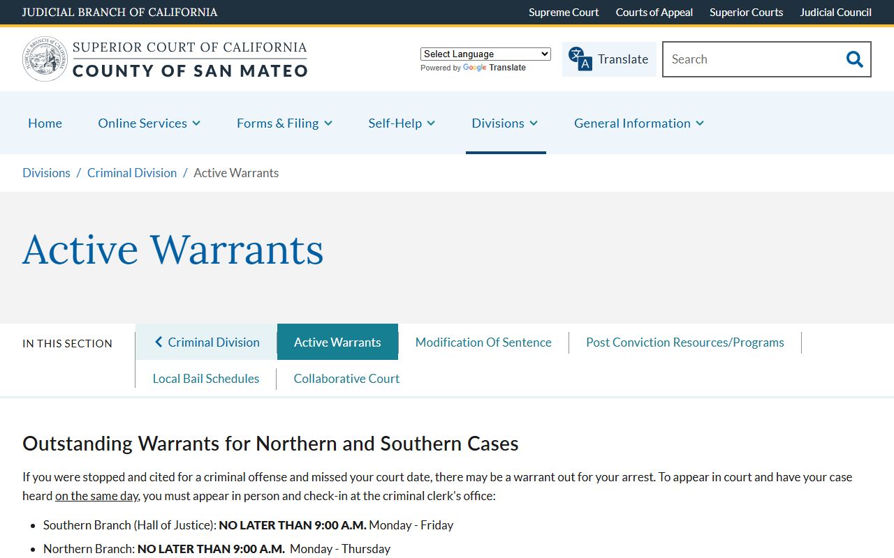 San Mateo County Superior Court active warrants information page