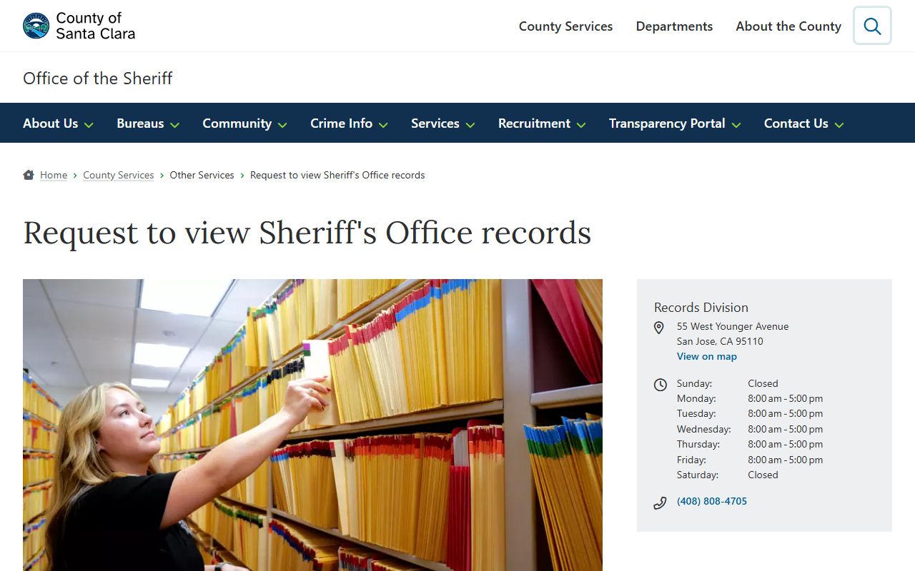 Santa Clara County Sheriff's Office records services page