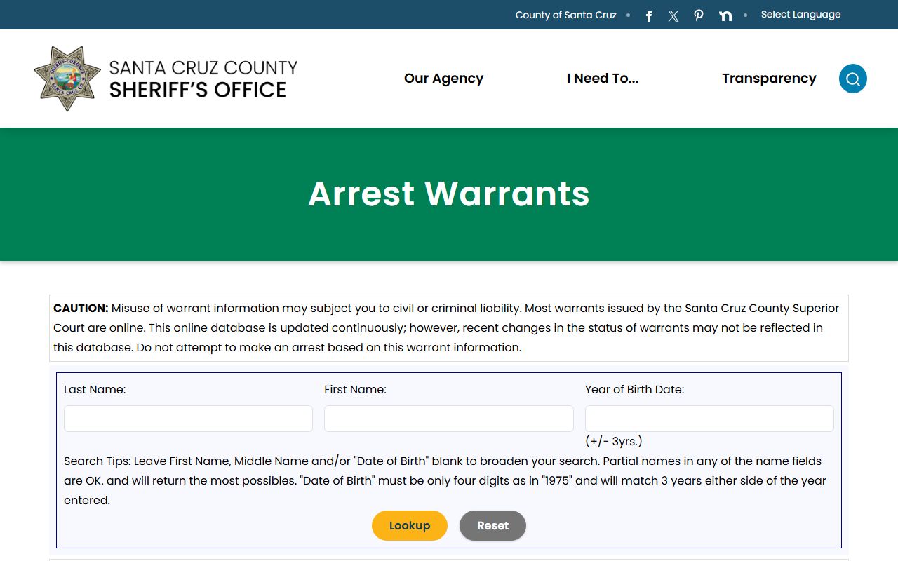 Santa Cruz County online warrant search tool