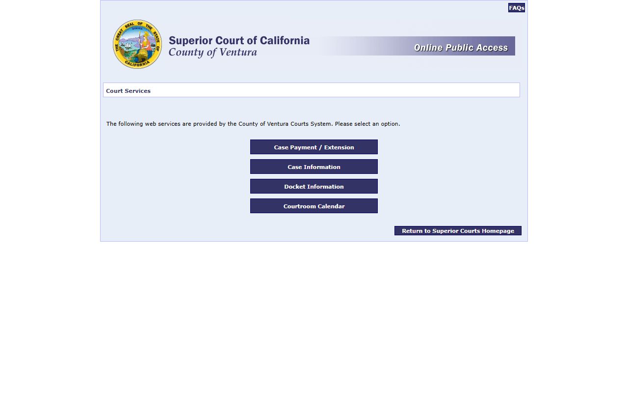 Ventura County Superior Court online case inquiry system for warrant searches