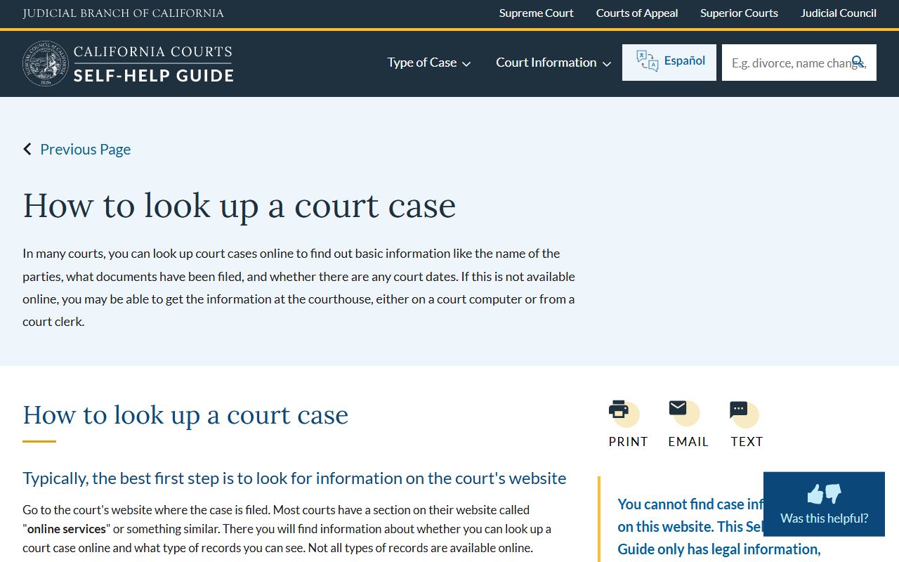 California Courts self help guide for looking up warrant cases and court records