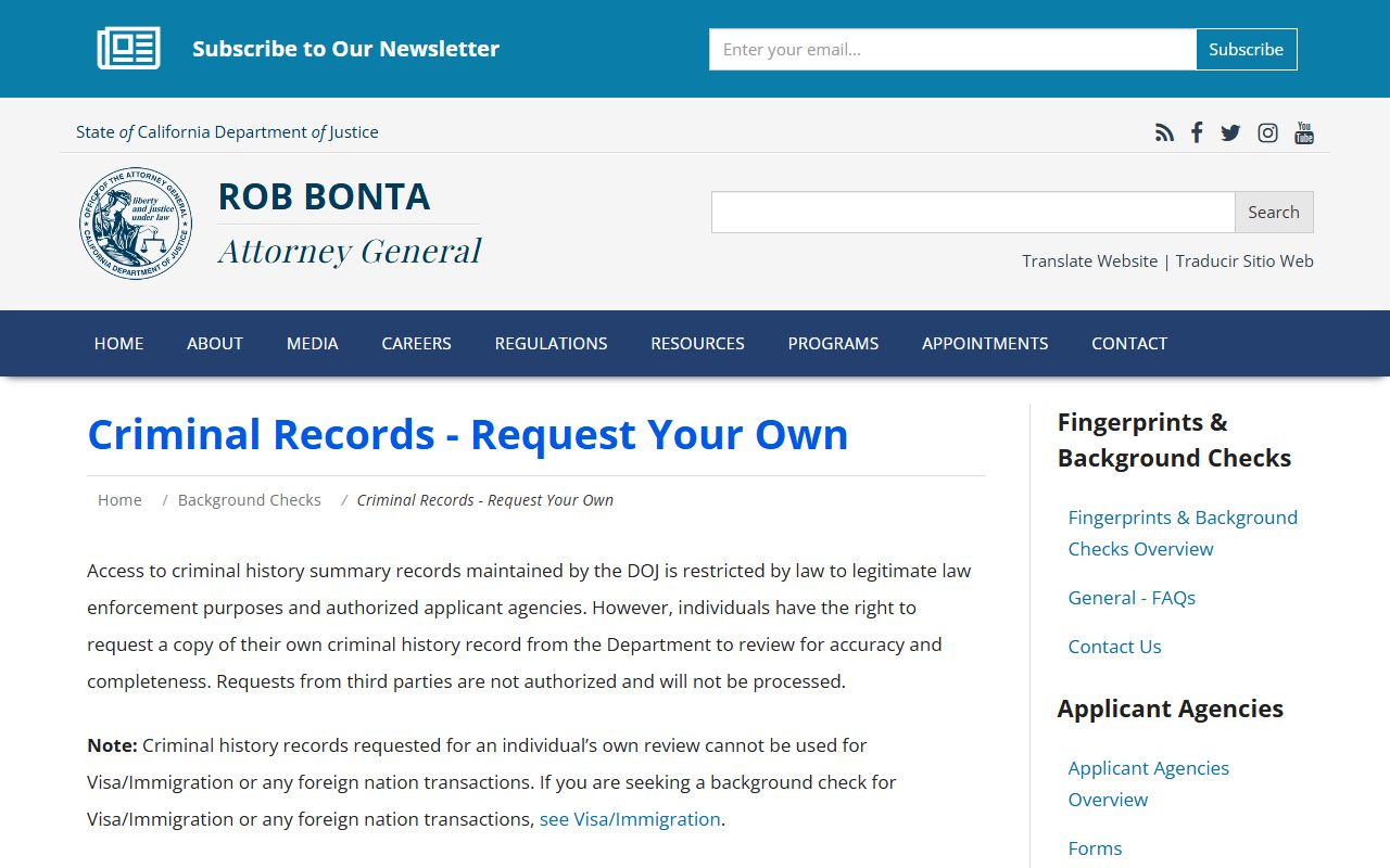 California Department of Justice criminal records review request page for warrant records